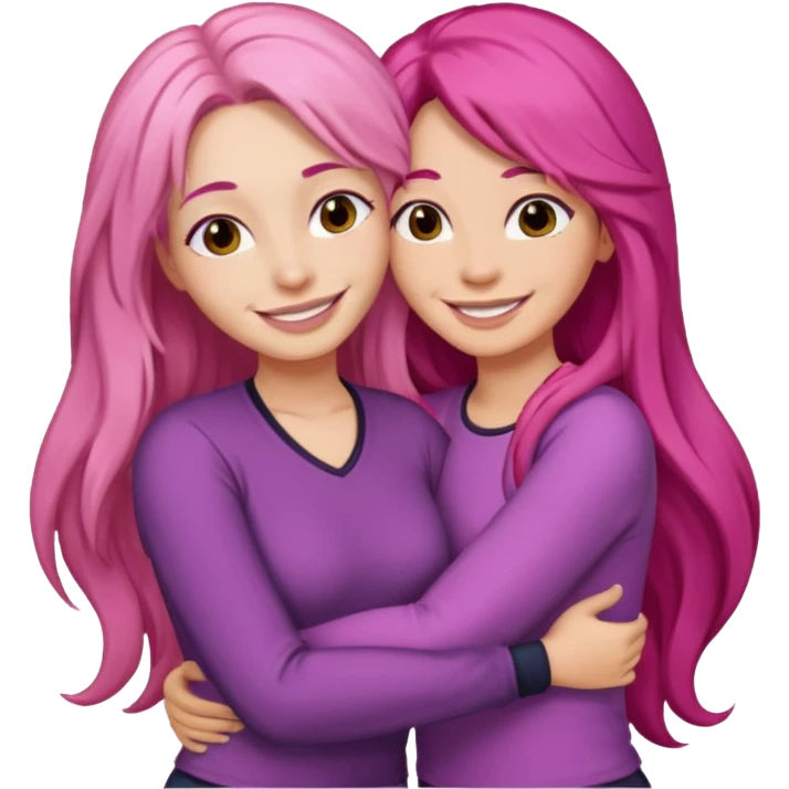Surprisingly goofy once they open up. Strong, loyal, and incredibly supportive — but still hates wasting time. one woman long pink hair hugging another woman with dark hair emoji