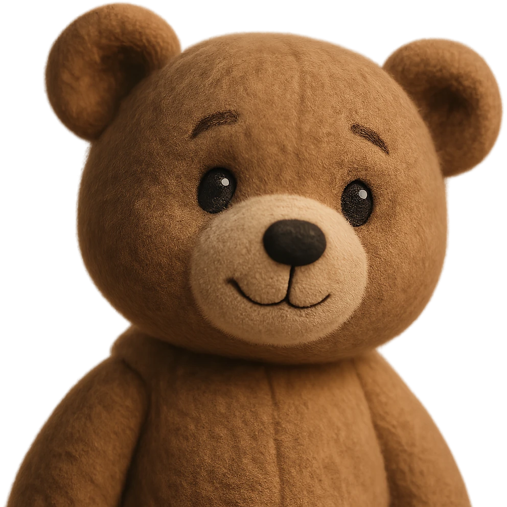 a teddy bear plush portrait, round face, button nose, cozy texture, gentle expression emoji