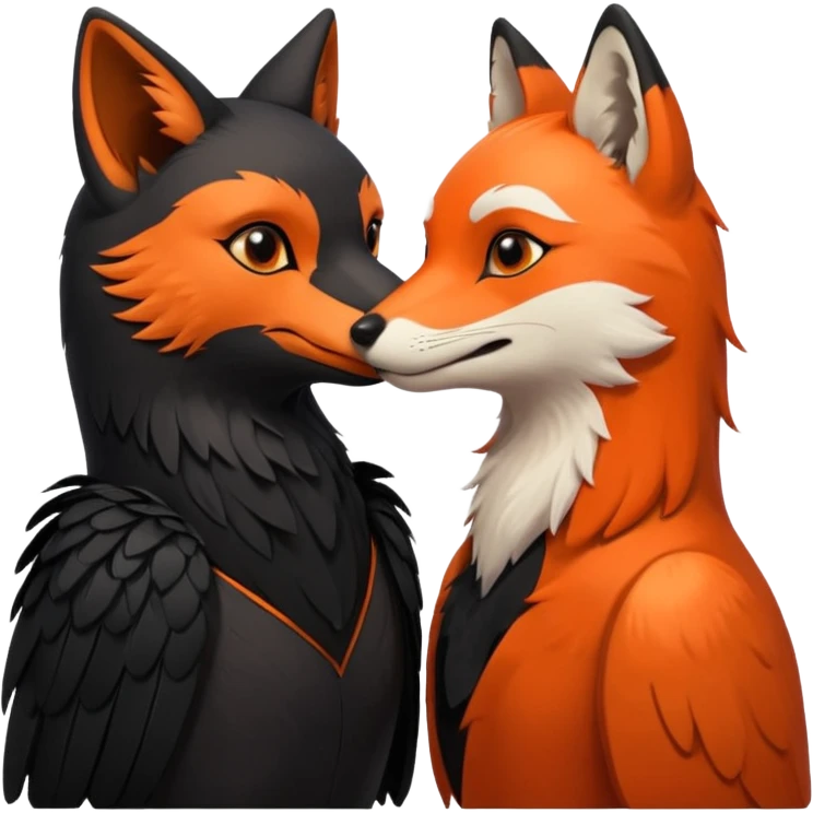 A female crow and a male fox kissing each other. emoji