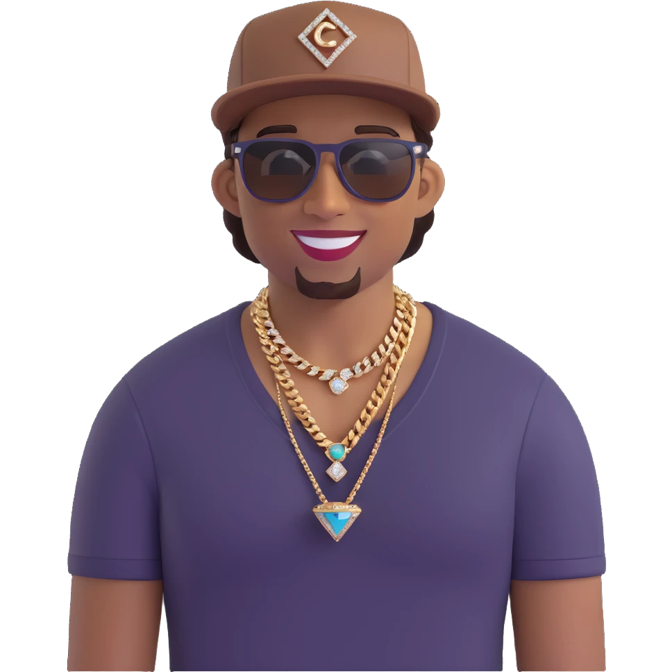 brown-skinned man with a backwards fitted New Era hat, wearing a Cuban diamond necklace, smiling with diamond grills, and wearing stylish sunglasses emoji