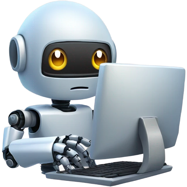 Cute robot behind computer writing code emoji