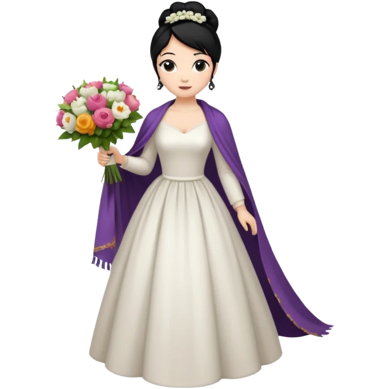 Chica blanca,cuerpo entero, vestido boda ,manga larga ,con estola, pelo negro,    ramo de flores una mano, pelo recogido en moño alto emoji