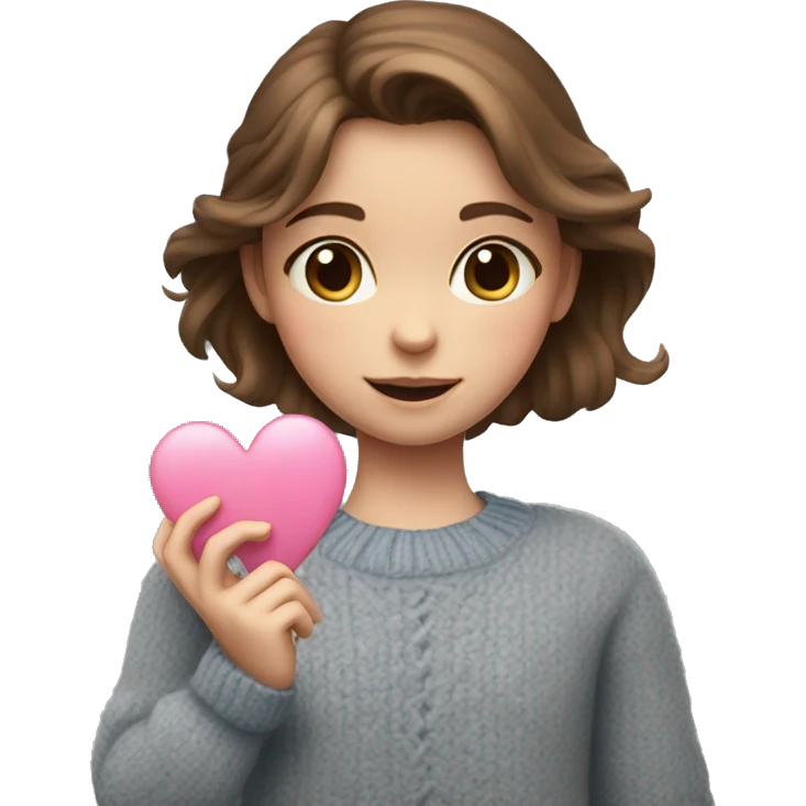 A girl with brown hair and blue eyes in a gray sweater holds a pink heart in her hands emoji