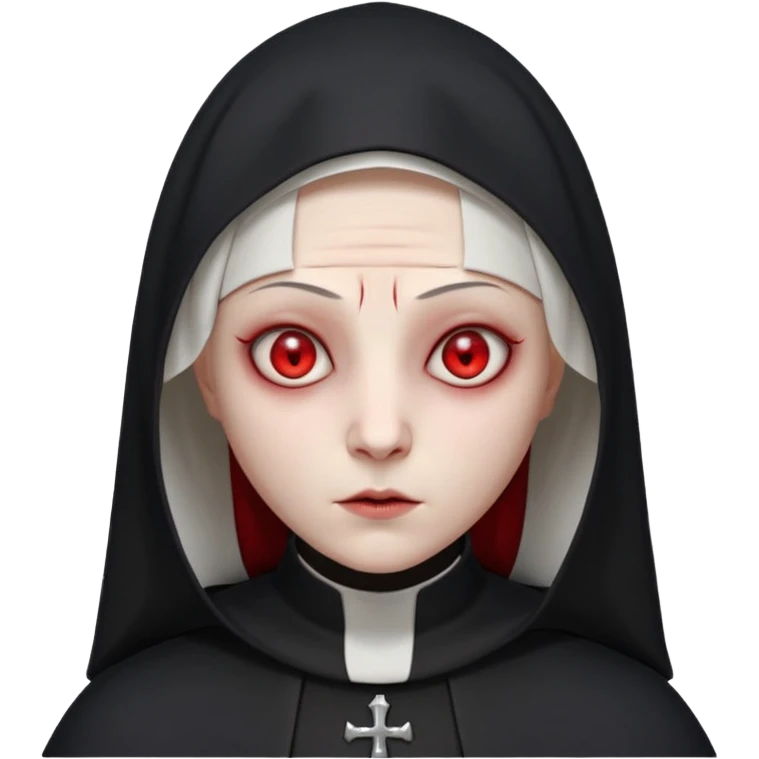 cursed village nun portrait, head and shoulders only, dark hood, mysterious expression, red accents, eerie glow, 3D cartoon, mobile game icon style, clean background, no text, no watermark

 emoji