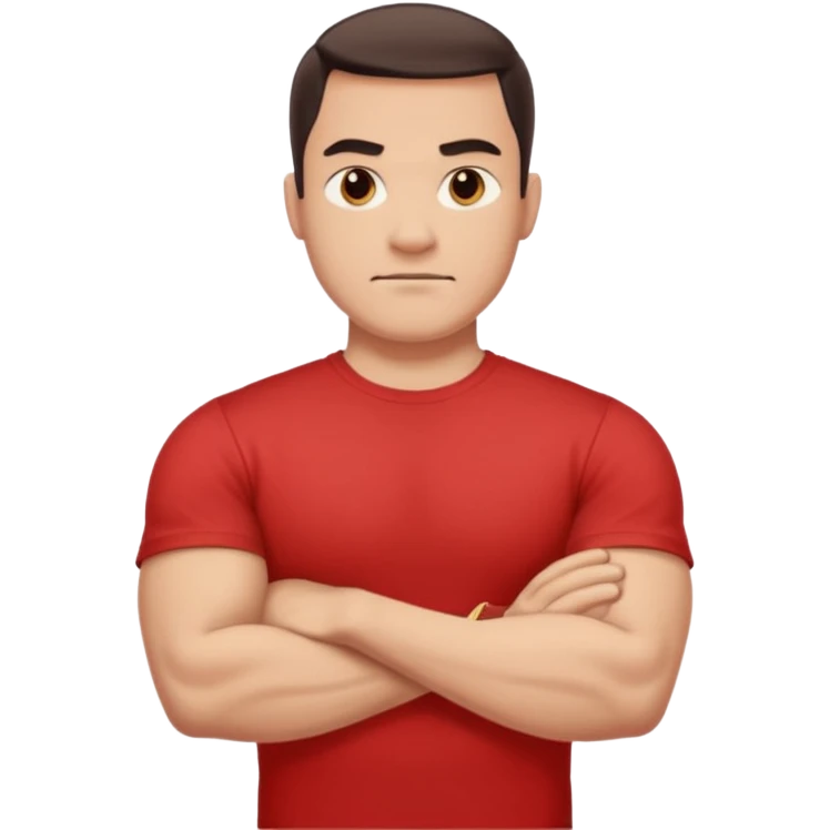 apple stylized emoji of a strong man, his arms crossed, white bg, he's in a red tee shirt emoji