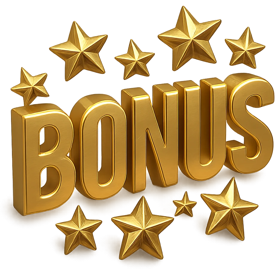 the word BONUS in large golden letters, surrounded by stars, no background or sign behind, just the letters and stars, shiny gold style emoji