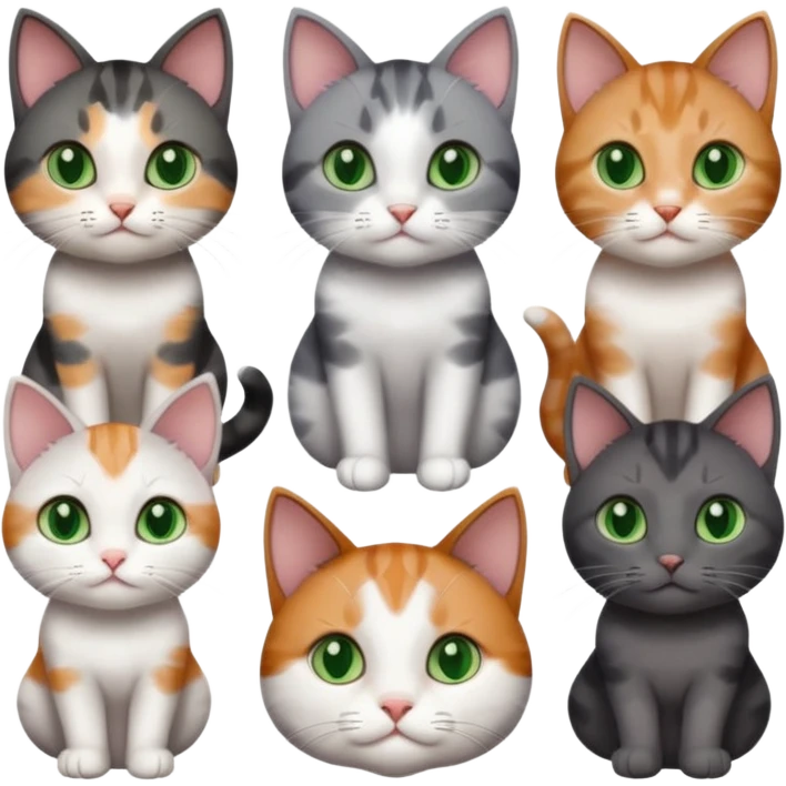 6 different coloured small cats including a dark grey and white, and a patchy calico, and a brown tabby and white,  and a completely solid dark grey with green eyes and only white paws emoji