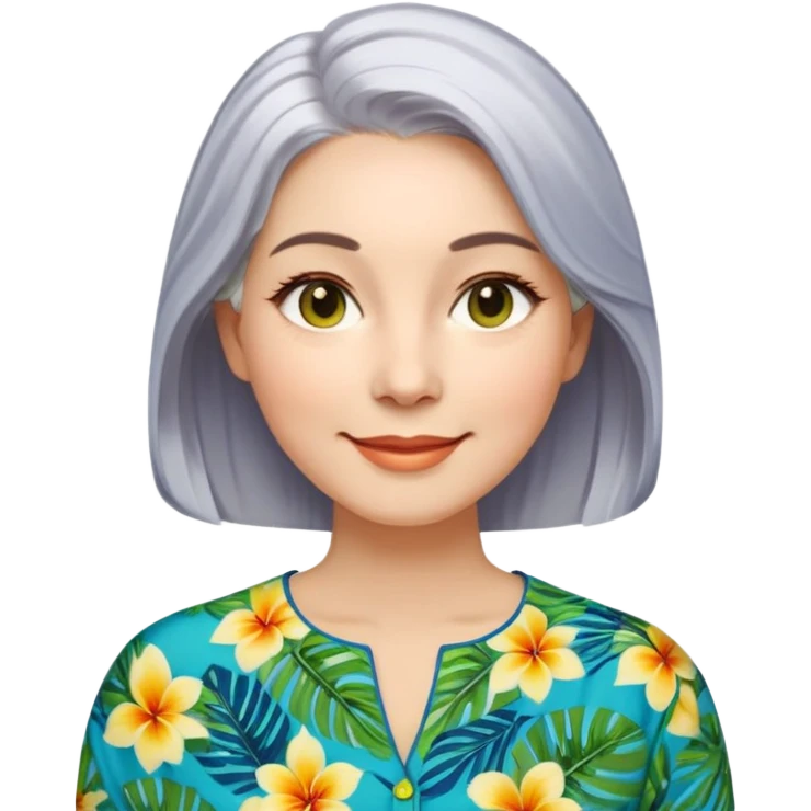 A woman with light complexion, an oval face with soft rounded features, full cheeks, gentle almond-shaped eyes with subtle smile lines, silver-gray hair parted to the side and styled loosely, wearing a vibrant tropical print blouse in blue, green, and yellow, exuding warmth and joy. emoji