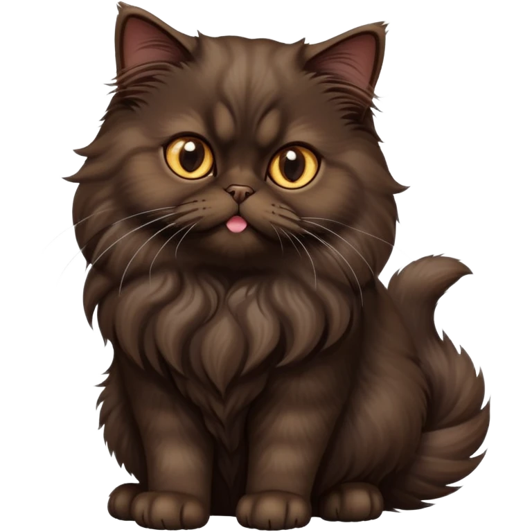 cinematic-[dark brown persian cat]-realistic-full-body-sitting-emoji,-tail-curled-playfully-around-its-paws,-head-tilted-dramatically,-fluffy-[dark brown]-fur,-simplified-yet-realistic-focused-features,-highly-detailed,-glowing-with-an-almost-sarcastic-glow emoji