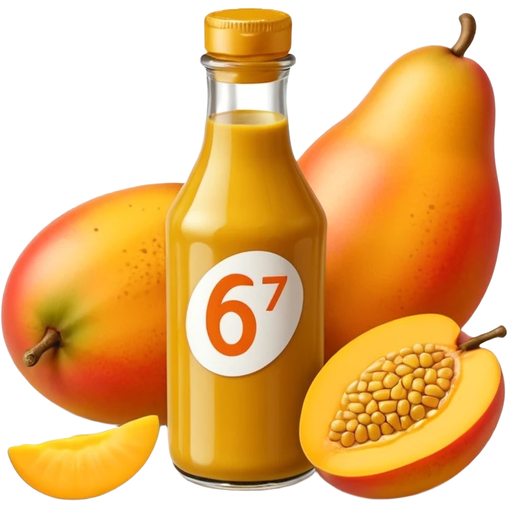 Bottle of mustard that says 67 with mangoes next to it emoji