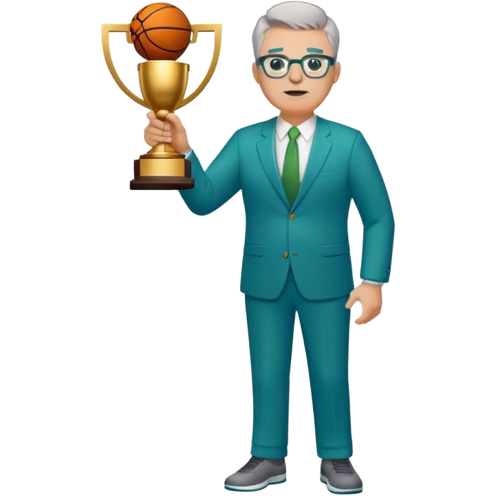 full body plus size white male basketball coach with short light brown mixed with gray hair color wearing glasses wearing blue and green suit holding a trophy emoji