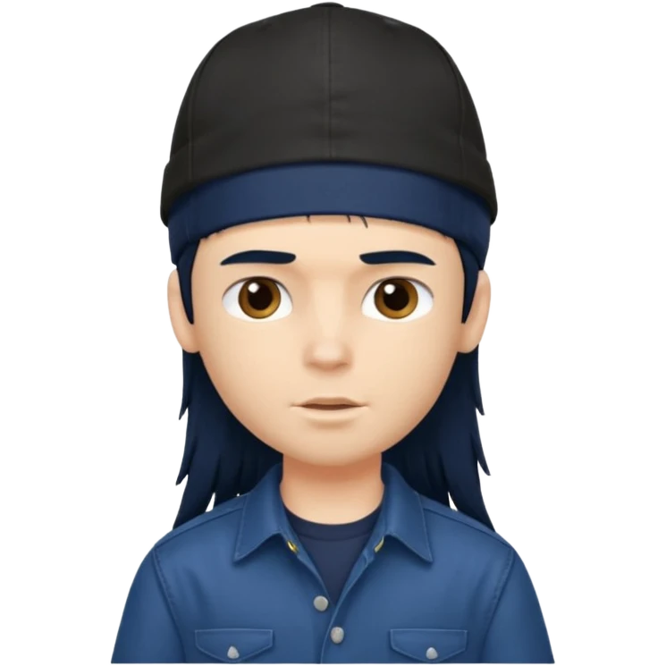 generate a pretty bratz boy wearing a dark blue button up shirt, long black mullet hair. 

Dark blue cap on head emoji