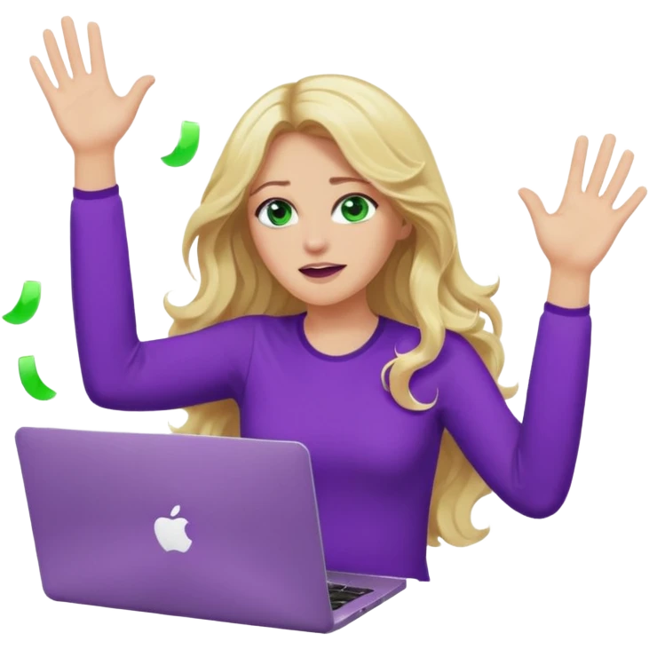 lady with long wavy blonde hair, purple top, green eyes, throwing her with a purple mac laptop hands in the air crying emoji
