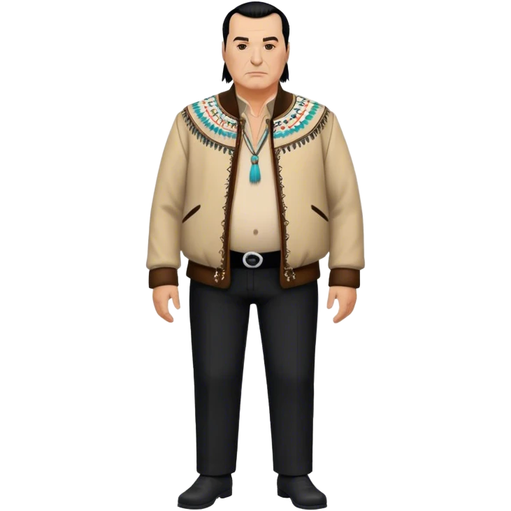 unhealthy steven segal standing render-entire-body balding with ponytail. pot belly.  visible-legs native american style jacket-with-tassles black pants big belly emoji