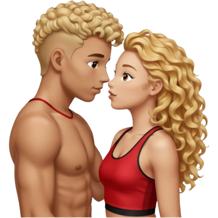 athletic man, high top fade, blonde curly hair only top only, no shirt and Athletic girl with long light RED wavy long hair and black sports, Put them together kissing, or holding hands give the girl red hair  emoji