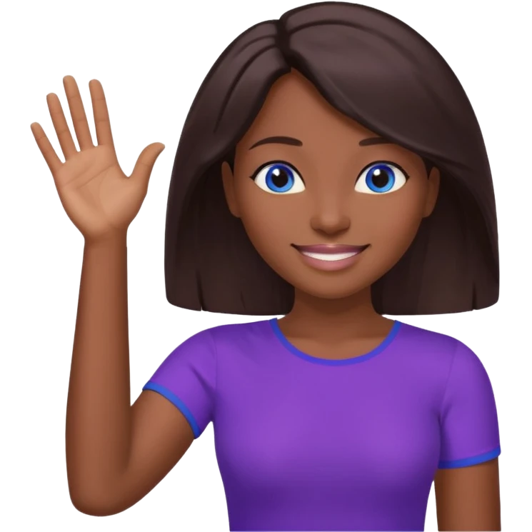 Dark brown hai woman with shoulder-length hair, blue eyes, wearing a purple top, smiling with one hand raised to the side, palm facing up. The gesture looks like she’s presenting something, offering help, or saying “Here you go!”

 emoji