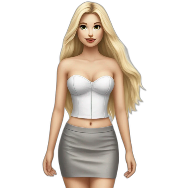 caucasian straight long haired blonde, white bustier, tight grey mini skirt, hyperrealist drawing emoji