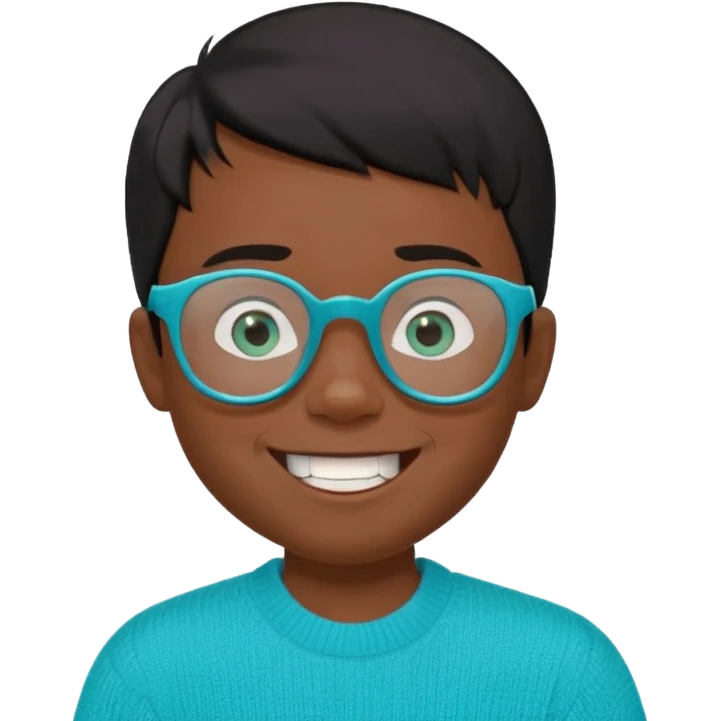 Chico de 7 años, pelo negro y repeinado, piel oscurita, gafas rectangulares azules, sonriente sin 1 diente, jersey verde turquesa y ojos rasgados, no redondeados emoji