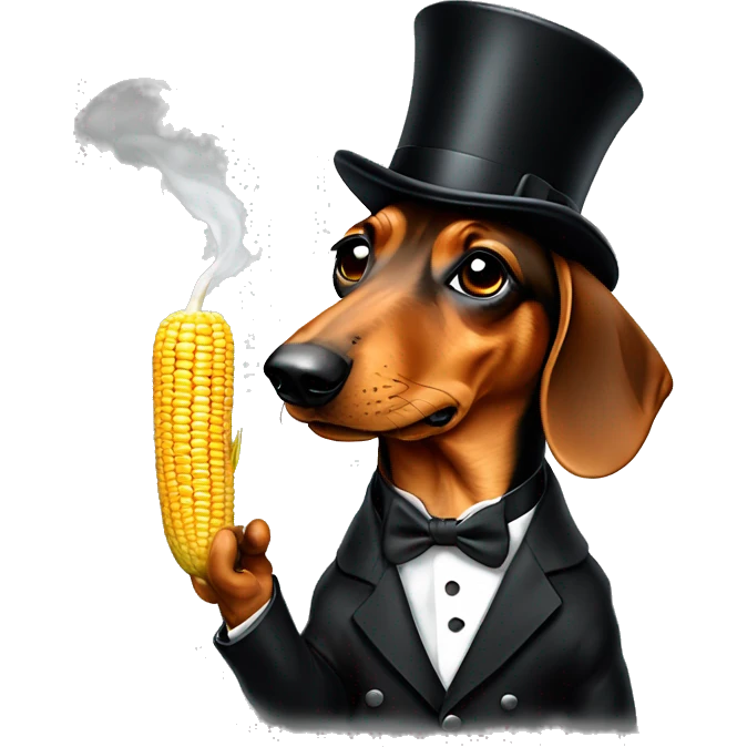 Daschund in a tuxedo smoking a corn cob pipe, with a monacle on one eye wearing a tophat emoji