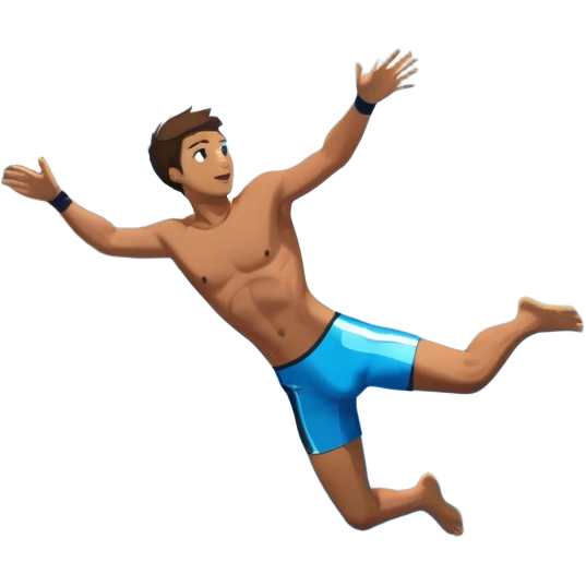 A diver mid-air, plunging from a high cliff into the sparkling ocean below. The background features rugged cliffs, clear blue water, and a bright sky, emphasizing the excitement and danger of the sport with a sense of freedom and adventure. emoji