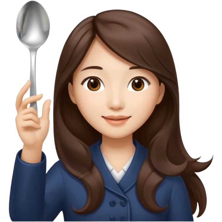 An Asian woman with long brown hair waving and greeting with a spoon in her hand emoji