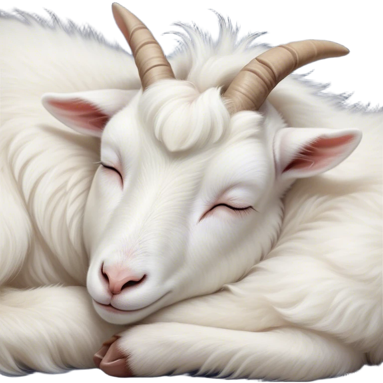 Meme-Worthy Cute Sleeping White Goat Portrait Emoji, Head resting peacefully with a contented smile, showcasing a delightfully sturdy build and a luxuriously soft white fur, eyes shut in a serene, restful nap, Simplified yet hilariously adorable features, highly detailed, glowing with a soft, drowsy light, high shine, relaxed and utterly lovable, stylized with an air of playful laziness, bright and heartwarming, soft glowing outline, capturing the essence of a comically sleepy goat, so meme-worthy it feels like it could instantly become the next viral sensation of adorable slumber! emoji