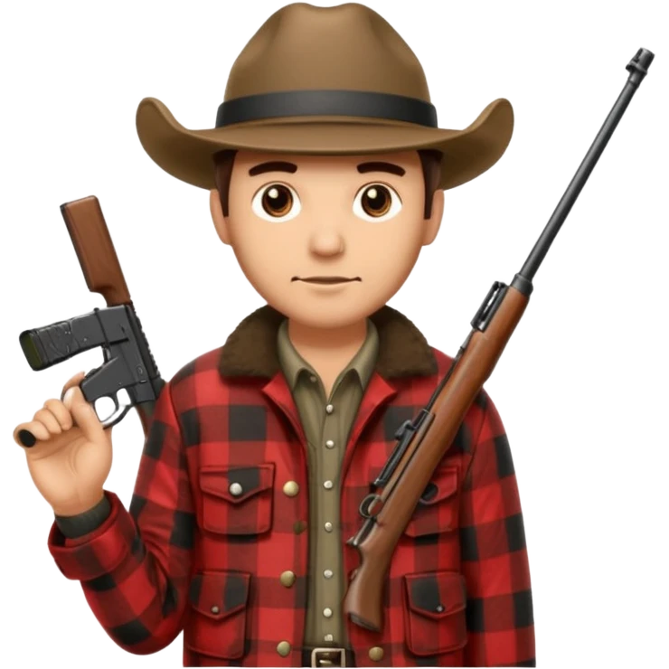 Man wearing buffalo plaid jacket and hat, with rifle emoji