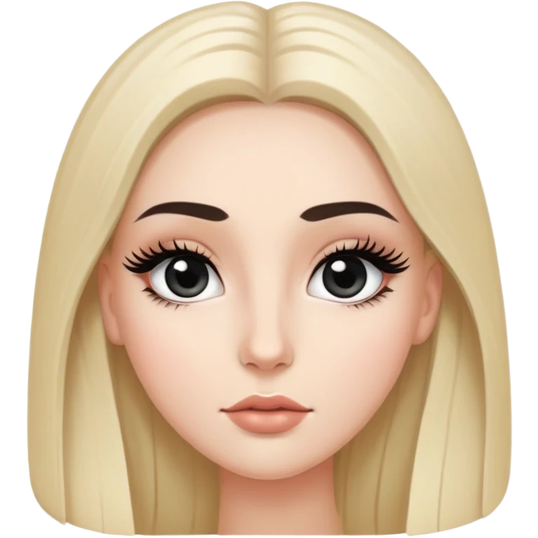 White girl with long oval face, huge round black eyes, big eyelashes, no makeup, natural lips, long straight black middle-parted hair emoji