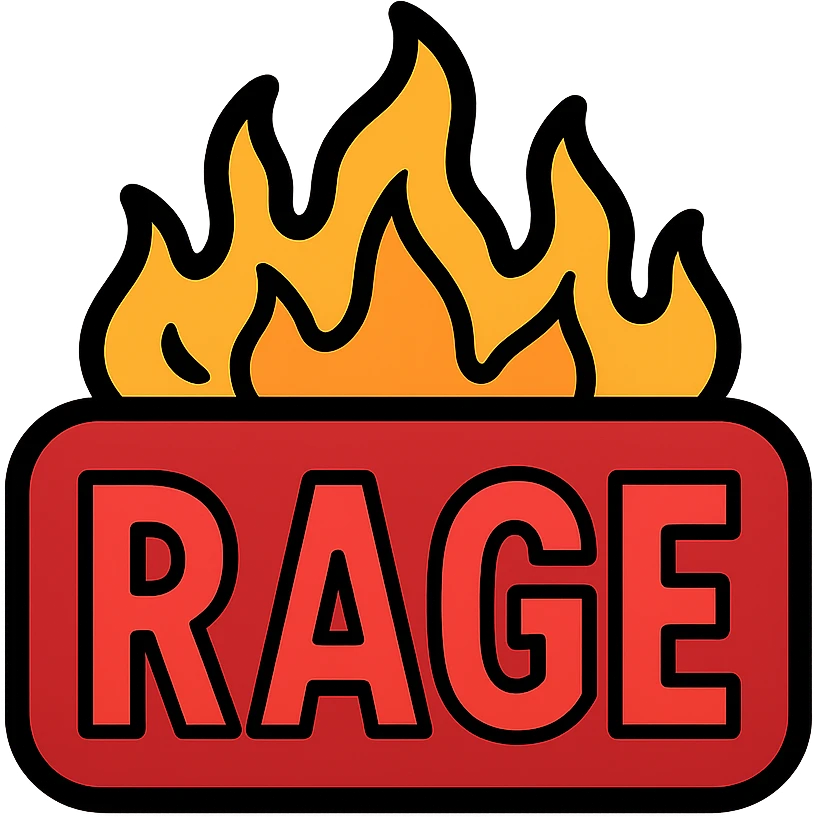 red background that gets darker in the middle, red text 'RAGE' in a different shade from background, fire coming out of the text emoji