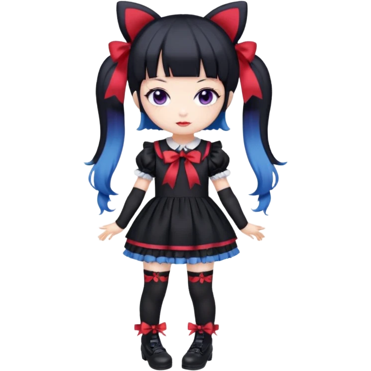 Chibi kawaii Kuromi, violet eyes, black-blue twin tails, red ribbons, red beanie, black & white lolita dress with red accents, white thigh-highs, black mary janes, cute aesthetic. emoji