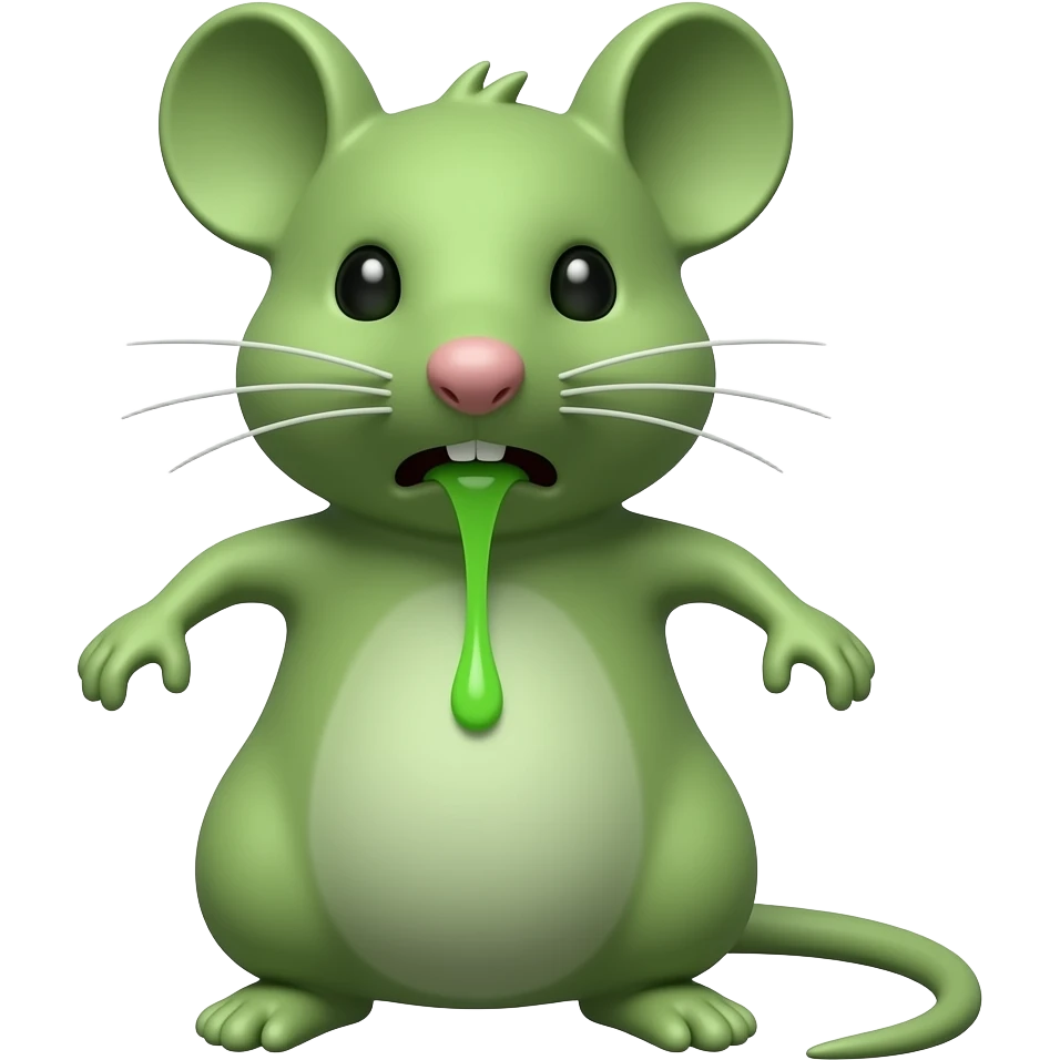 A little green mouse standing upright, with arms and legs that look like those of a little person, staring at us with loathsome face on its face. He's going to throw up .The mouse’s body is entirely green. emoji