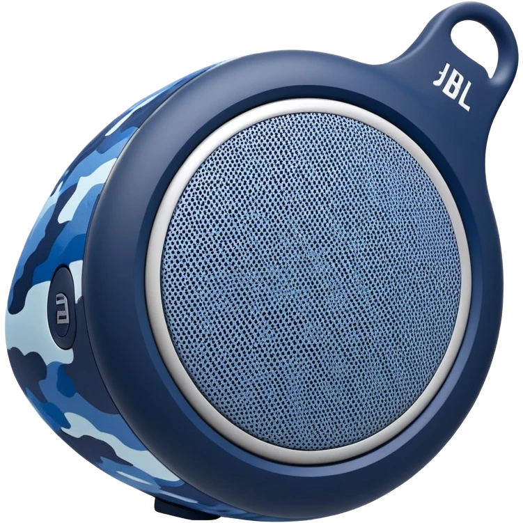 Abstract minimalist JBL Clip 4 speaker with blue and navy camouflage pattern, iOS emoji style emoji