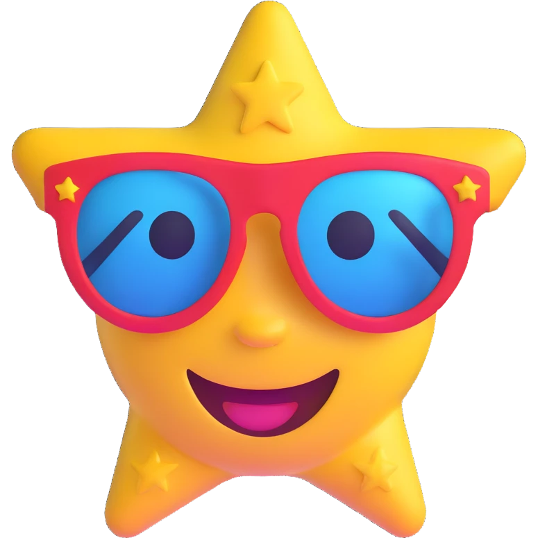 smiling face with star-shaped sunglasses, funky and bold like Bootsy Collins emoji