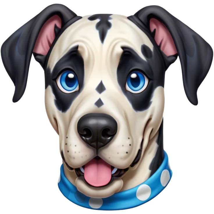 Cinematic Comical Harlequin Great Dane Portrait Emoji, Head tilted dramatically with an exaggeratedly shocked or amused expression, featuring a striking coat of predominantly white with vivid black patches, wide, expressive blue eyes filled with playful disbelief, Simplified yet hilariously expressive features, highly detailed, glowing with a slightly sassy glow, high shine, dramatic yet playful, stylized with an air of cheeky charm, bright and endearing, soft glowing outline, capturing the essence of a spirited and over-the-top guardian, so meme-worthy it feels like it could side-eye its way into internet fame instantly! emoji