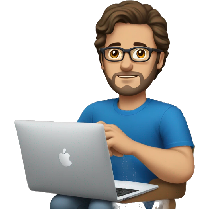 white guy dark brown hair brad pit style and square glasses typing in laptop wearing blue t-shirt emoji