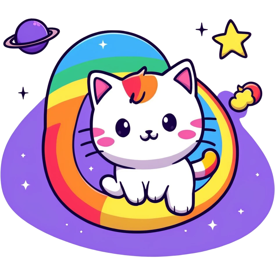 flying cat pooping rainbows in outer space with stars and planets emoji