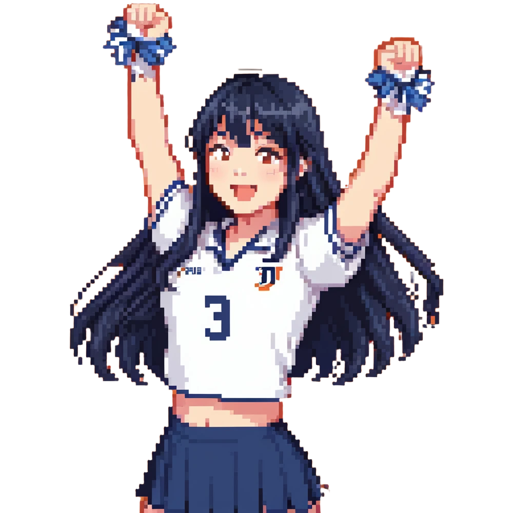 East Asian woman with long black straight hair and bangs wearing navy and white Doosan Bears team colors, cheering emoji
