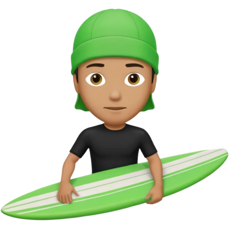 Un hombre sorteando con camisa negra con gorra para nadar y tabla verde  emoji