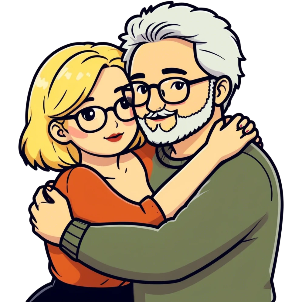 Hyper realistic couple in love, man had a salt and pepper hair and a short stubbly beard. The lady is blonde and curvy and wears glasses and makeup emoji