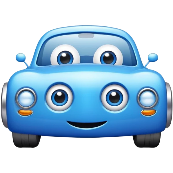A blue toy car with big adorable eyes and a cheerful expression emoji