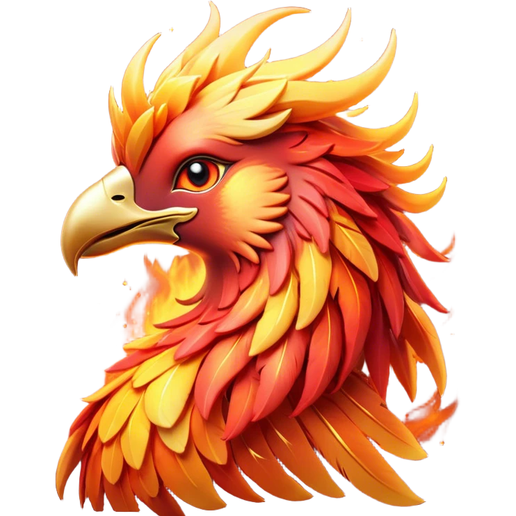 Cinematic Cute Mystical Fire Phoenix Portrait Emoji, Head tilted playfully and inquisitively, showcasing a vibrant, flame-kissed form with intricately detailed feathers in warm shades of red, orange, and shimmering gold, accented by delicate sparks and a gentle, inviting glow; rendered with lifelike detail and soft, radiant light, high shine, enchanting and spirited, styled with a touch of mythic whimsy, soft glowing outline, capturing the essence of a mischievous yet endearing phoenix poised to flutter playfully into your heart! emoji