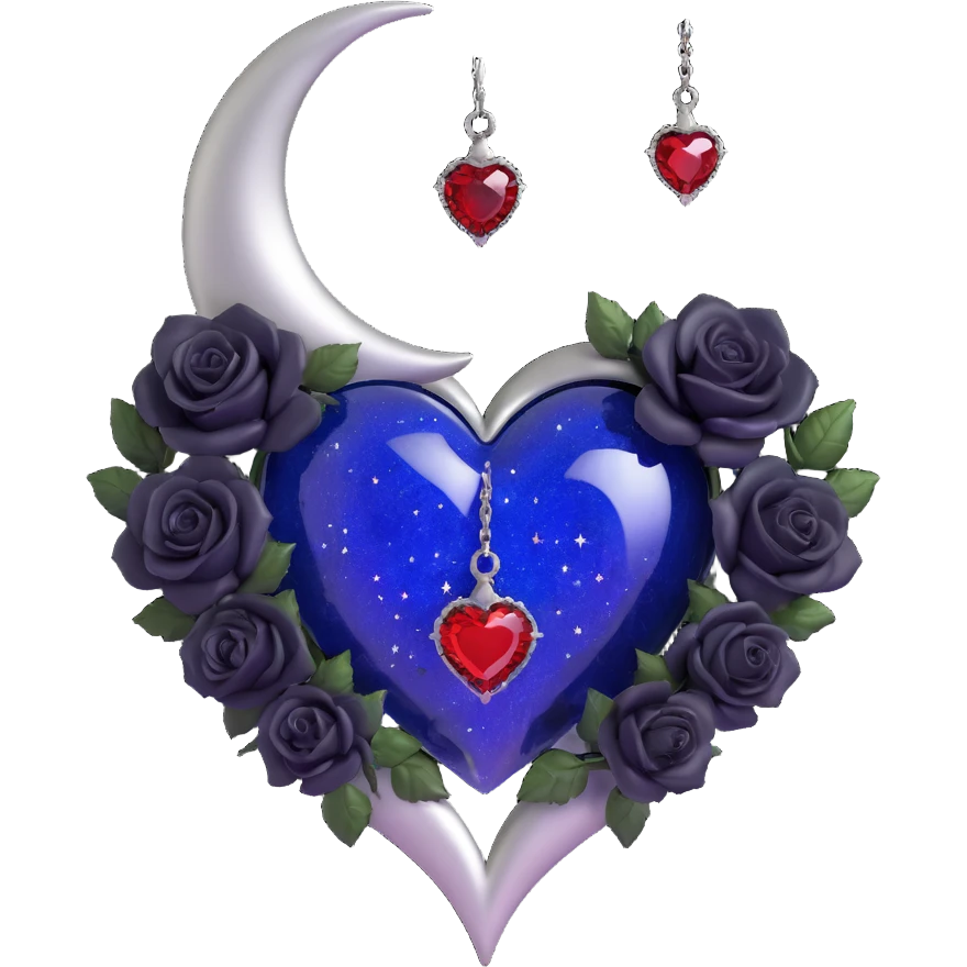 gothic heart, midnight blue glass, silver crescent moon, tiny black roses, shimmering stardust, blood red teardrop gem emoji
