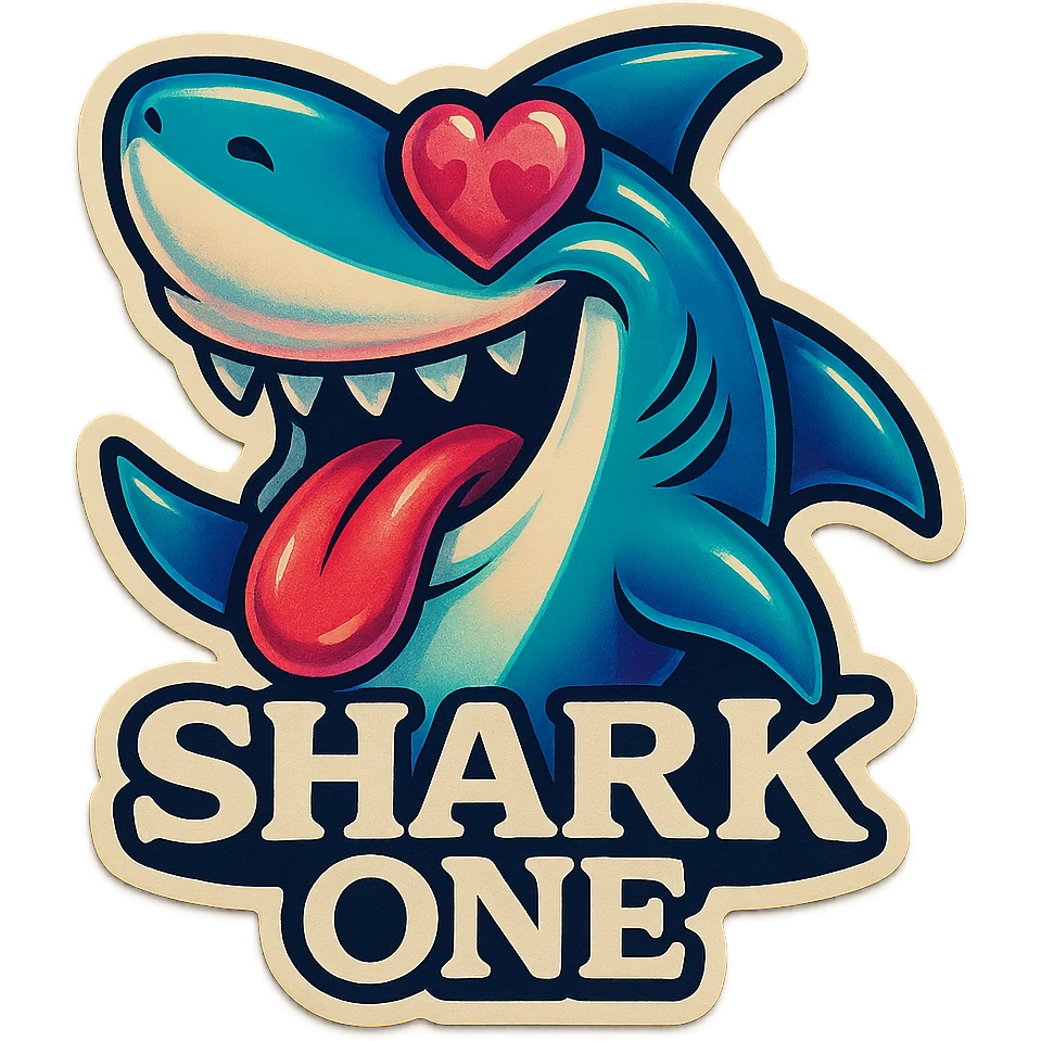 mouth open with tongue out
heart shaped eye
add the words “ Shark One " in White emoji