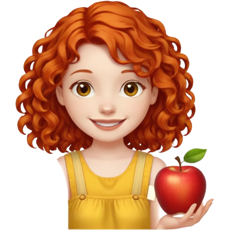 girl with shoulder length curly apple red hair with brown eyes and pale skin smiling emoji
