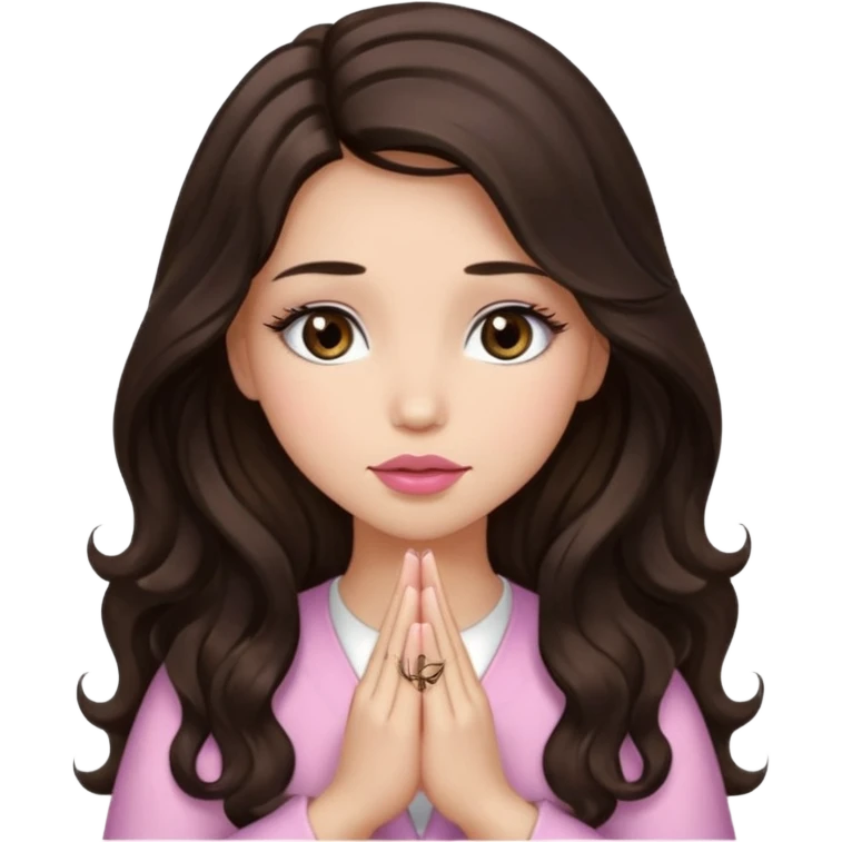 girl with wavy long glamorous dark brown hair, brown eyes, light to medium complexion, long lashes, light pink lipstick, praying emoji