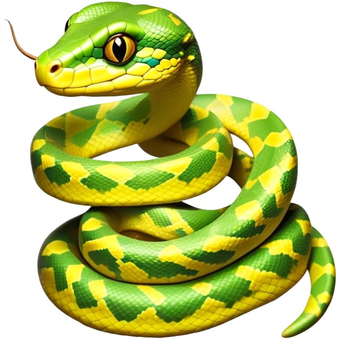 cinematic-green tree python-realistic-full-body-coiled-emoji,-thick-scaled-body-looped-tightly,-intricate-yellow and white-patterned-scales-reflecting-light,-head-tilted-dramatically,-cute-eyes-staring-calmly,-simplified-yet-realistic-focused-feature emoji