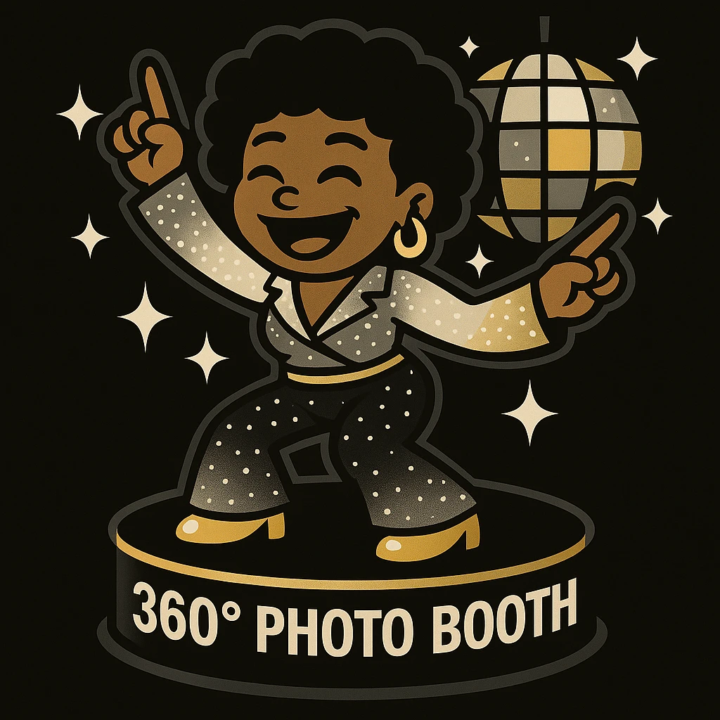 Update the disco emoji scene of a female African American dancing on a 360 photo booth. Use a color palette of black, silver, gold, and white for the outfit, booth, and disco elements. Keep the vibrant toon art style. emoji