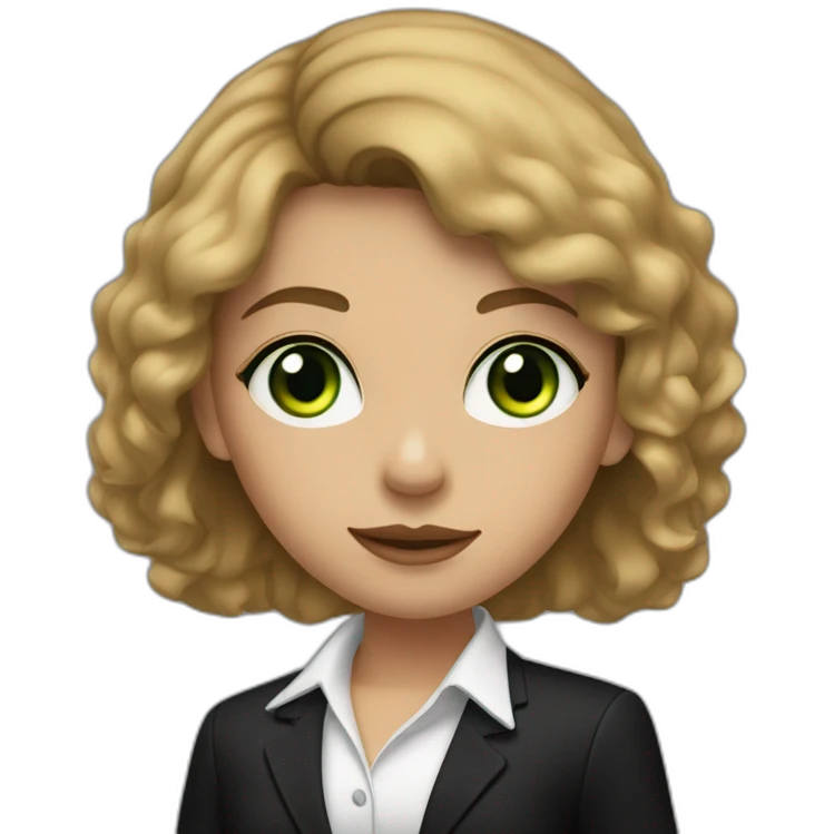 Vertaalresultaat A light skinned girl with a short brown lock of hair in front of her face with green eyes wearing a black suit and black shoes and black pants emoji