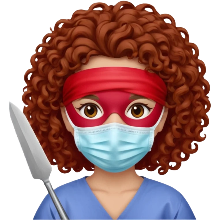 Lilith symbol seductress evil surgeon. Hair curly, and brown. Long curly brown hair. Red surgical mask and hair covering. She works for cartel and kills  with a scalpel. emoji