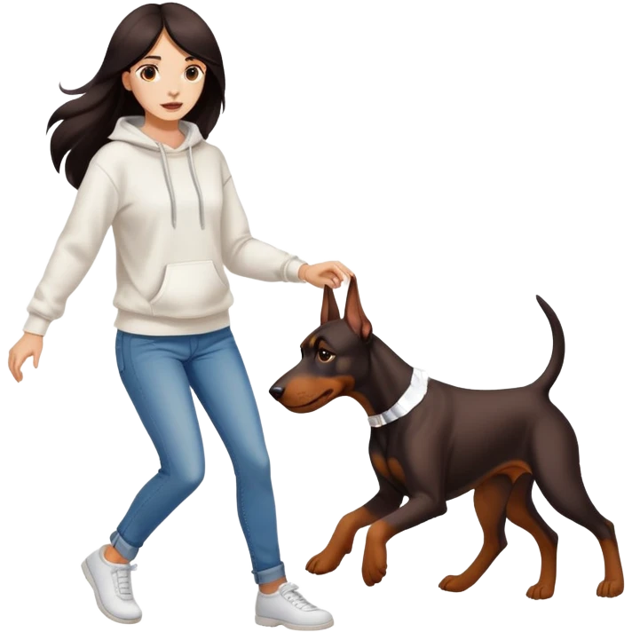 A beautiful girl with long hair wearing a white sweatshirt and jeans is chasing Doberman emoji